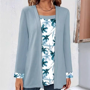 Women Mock Two-Piece Ribbed Long Sleeve T-Shirt Floral Print Loose Casual Top Breathable Autumn Winter Fashion Clothing