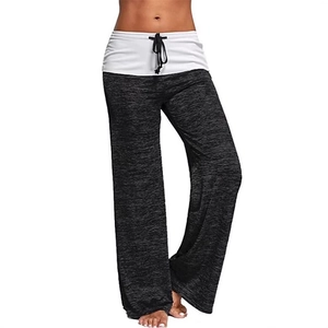 Women's dark gray marl wide leg yoga pants with white fold-over waist and drawstring