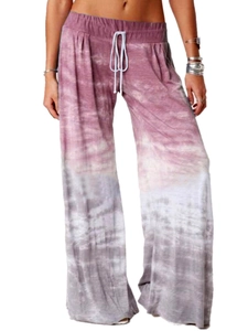 Detail of loose yoga wide leg pants with purple and grey tie-dye gradient and drawstring