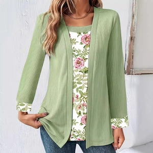 Green ribbed long sleeve top with floral mock layer inserts and rose print details