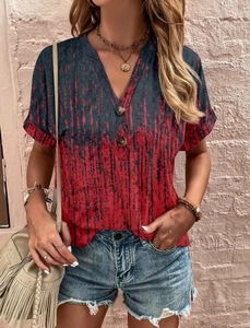 Detail of V-neckline with vintage buttons on women's grey and red tie-dye short sleeve top