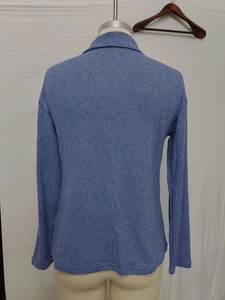Detailed back view of heather blue knitted long-sleeved polo shirt with collar