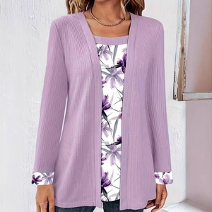 Women's two-piece faux cardigan top in purple ribbed knit with floral print details