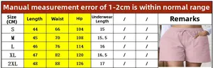 Detailed size chart for women loose linen casual shorts featuring waist and hip measurements