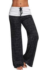 Women's heather gray wide leg yoga pants with white contrast waist and drawstring