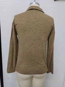Detailed back view of a camel knit long sleeve polo shirt with premium collar design