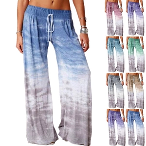 Women Casual Tie Dye Gradient Wide Leg Pants Loose High Waist Drawstring Yoga Trousers Streetwear Bohemian Summer Long Pants