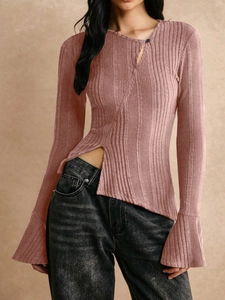 Women Sexy Ribbed Knit Long Sleeve T-Shirt Slim Fit Button Front Flared Sleeve Asymmetrical Hem Casual Streetwear Top