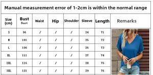 Size chart for women's V-neck T-shirt showing measurements for S to 3XL sizes