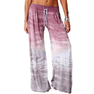 Women's high waist wide leg yoga pants with purple and grey tie-dye gradient print