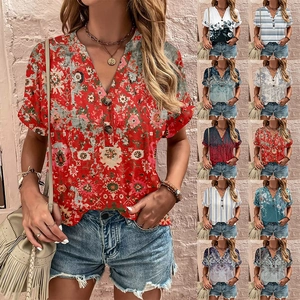 Women Summer V Neck Short Sleeve Bohemian Floral Print Top Casual Loose Polyester T-Shirt With Button Detail Boho Blouse