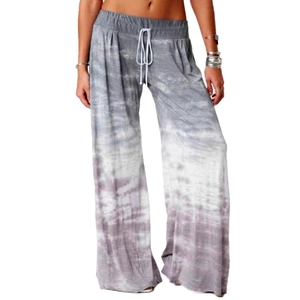 Women's wide leg yoga pants with grey gradient tie-dye print and drawstring waist