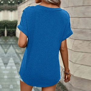Rear view of a blue short-sleeved T-shirt with black decorative buttons on shoulders