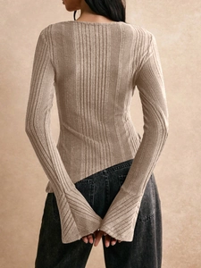 Women's oatmeal ribbed knit long sleeve button top with casual wide-leg jeans