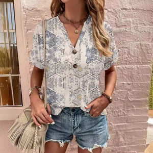 Women's V-neck short sleeve shirt featuring blue geometric prints and decorative buttons