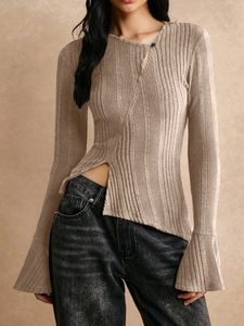 Slim fit khaki ribbed long sleeve knit top with asymmetric hem and button detail
