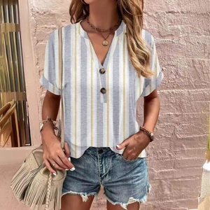 Women's V-neck striped short sleeve shirt with decorative buttons in casual street style