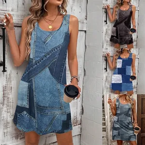 Women Sleeveless Mini Tank Dress Digital Denim Print Patchwork Retro Casual Summer Holiday Chic Sleeveless Short Dress