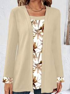 Women's faux two-piece long sleeve top with apricot ribbed cardigan and floral print