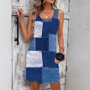 Slim fit sleeveless patchwork denim print mini dress with a round neck and casual style