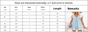 Detailed size guide table for V-neck floral mini dress with sleeve and length measurements