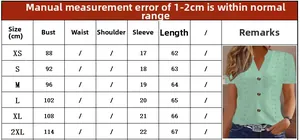 Size chart for women's V-neck short sleeve T-shirt with measurements in centimeters