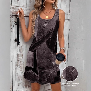 Sleeveless denim print mini dress for women with vintage grey patchwork design