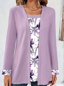 Light purple ribbed cardigan with floral layered long sleeve t-shirt for women