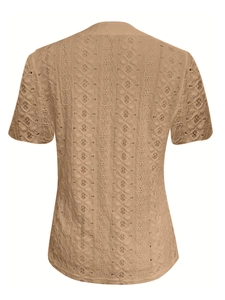 Detailed back view of a khaki short sleeve top featuring hollow out floral lace patterns