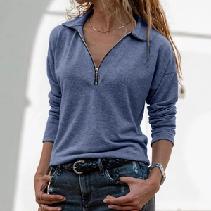 Women's autumn knit long sleeve polo shirt with half-zip V-neck in dark grey blue