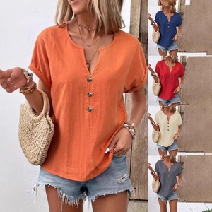 Women's Casual V-Neck Short Sleeve T-Shirt Loose Fit Batwing Sleeve Top with Decorative Buttons Summer Vacation Fashion