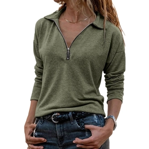 Women's army green waffle knit polo top with lapel collar and ring zipper detail