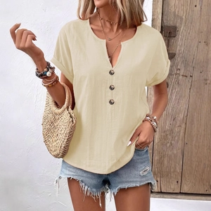 Women's apricot V-neck short sleeve cotton t-shirt with buttons in casual summer style