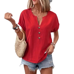 Women's red short-sleeve V-neck T-shirt with vintage buttons and relaxed casual fit