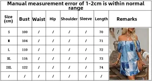 Size chart for off-shoulder floral printed dress showing bust and length in centimeters