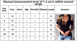 Size chart showing measurements for the cold shoulder V-neck lace-up short sleeve T-shirt