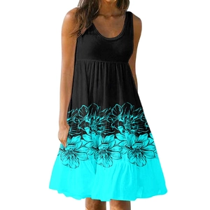 Vestido de verano sin mangas para mujer con top negro y falda evasé con estampado floral