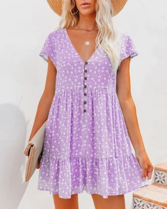 Detail of V-neck button design on purple floral dress with delicate summer print