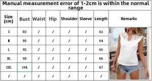 Size chart for women's white V-neck lace sleeveless top with bust and length measurements