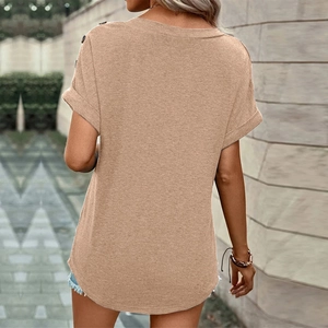 Detail of khaki short sleeve T-shirt featuring shoulder button accents and curved hemline