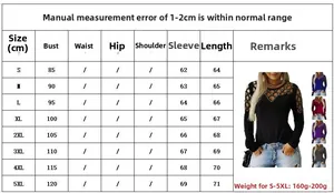 Size chart for hollow out long sleeve t-shirt with rhinestone details, S-5XL measurements