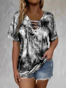T-shirt estiva da donna a maniche corte con scollo a V e stampa tie-dye marmo bianco e nero