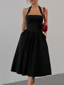 Robe Midi Sexy Licou pour Femme Dos Nu Ligne A Couleur Unie Sans Manches Épissage Coupe Slim Mode Décontractée Fête Cocktail