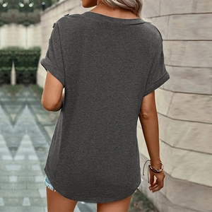Close-up of dark grey short sleeve T-shirt back with button detail and curved hem design