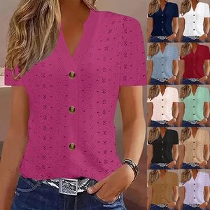 Women's Casual V Neck Short Sleeve T-Shirt Button Front Hollow Out Eyelet Embroidery Summer Loose Fit Top Solid Color Tee