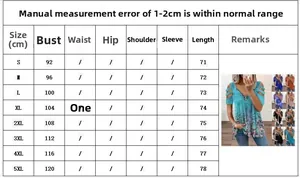 Size chart showing bust and length measurements for women V-neck zipper printed t-shirt