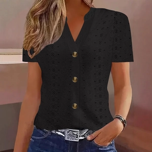 Women's black V-neck short sleeve shirt with hollow lace eyelets and button detail