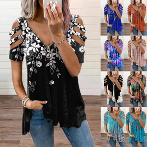Women Casual V Neck Zipper T-Shirt Cold Shoulder Hollow Out Feather Floral Print Short Sleeve Loose Bohemian Style Top Shirt