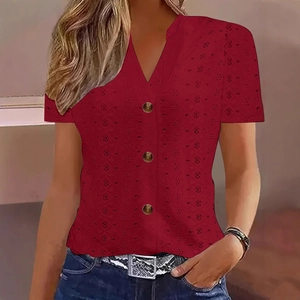 Women's V-neck short sleeve T-shirt with vintage buttons and hollow embroidery in dark red