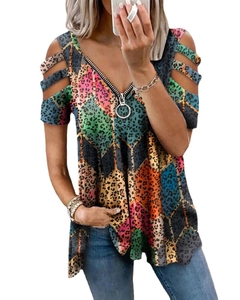 Women's V-neck leopard print top with zipper and cold shoulder hollow sleeves